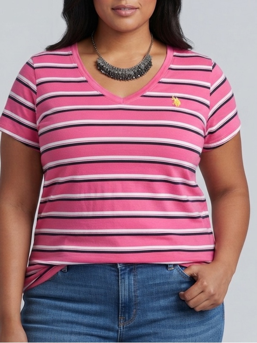 U.S. POLO ASSN. Pink White and Navy Striped V-Neck Tee size XL